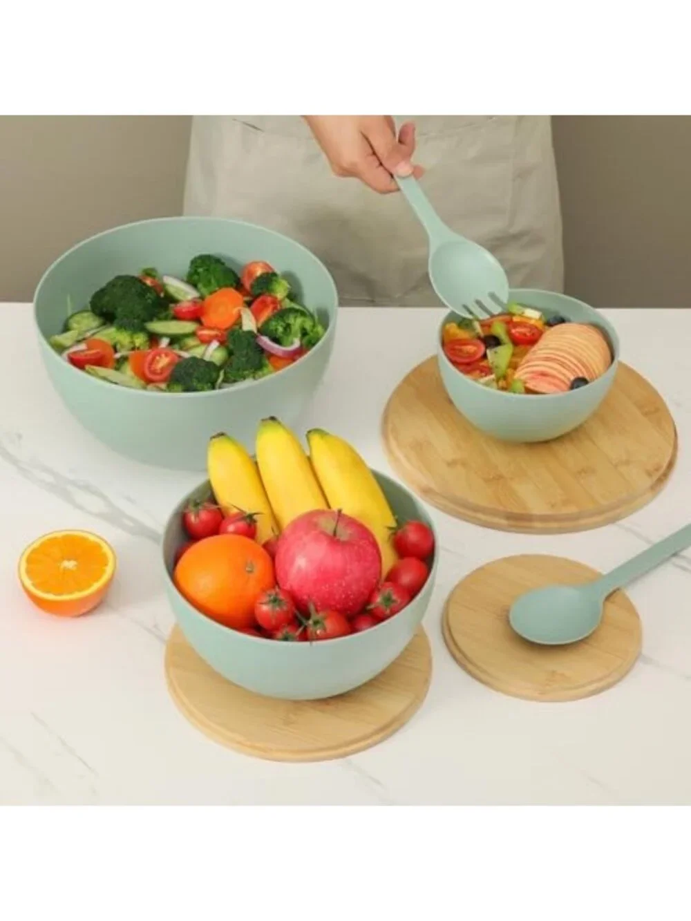 Set of 3 Large Bamboo Fiber Salad Bowls with Lids & Utensils - Perfect for
